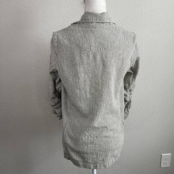 Max Studio Pinstripe Blazer Women's XS Linen Blend Oversized 3/4 Sleeve Ruched - Picture 5 of 8